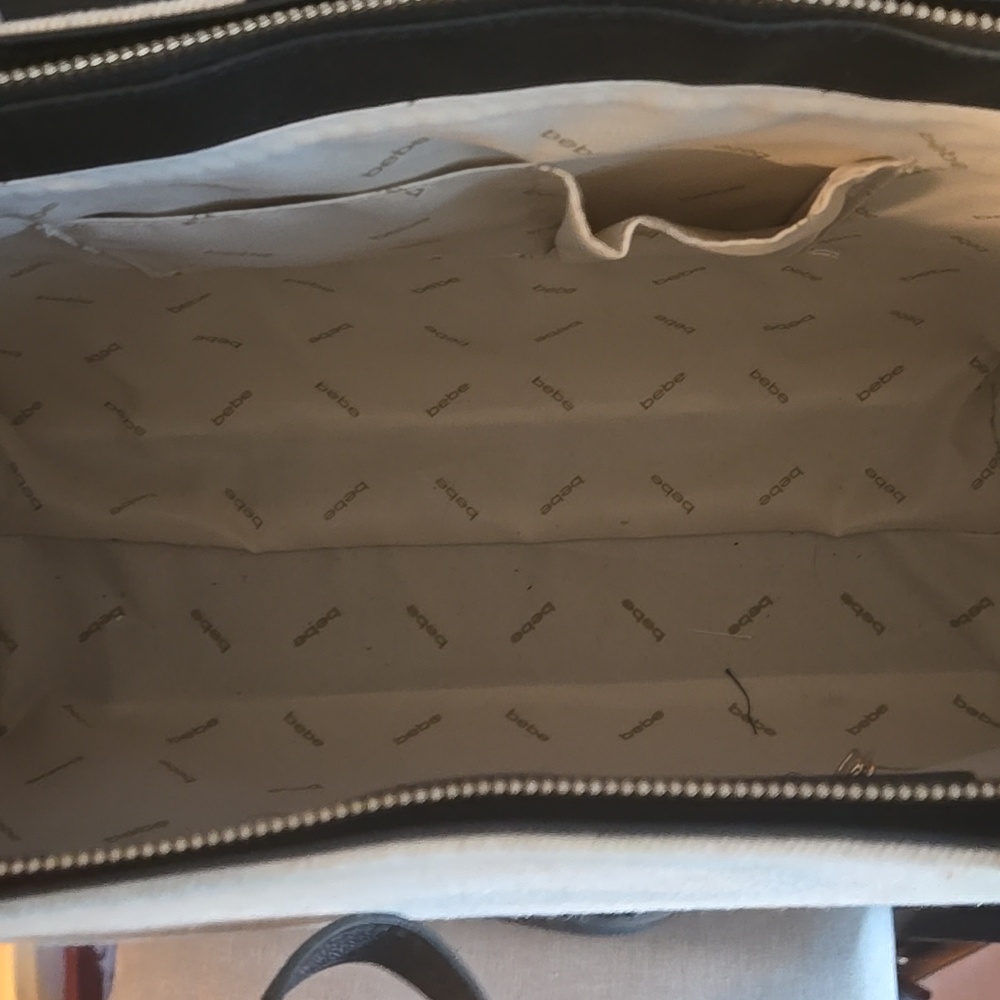 bebe Beige LARGE Canvas Tote with Black & White Center Stripe NWT - Picture 4 of 5